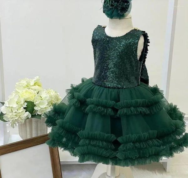Vestidos de menina verde esmeralda glitter vestido de bebê pérolas detalhe tutu vestido criança flor com babados 12m 18m 24m