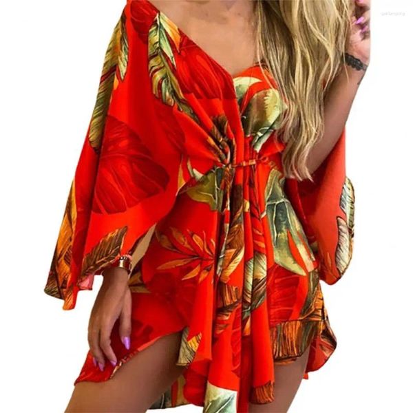 Vestidos casuais vestido de praia assimétrico bainha mini tropical impressão sexy gravata frente v pescoço mulheres beachwear