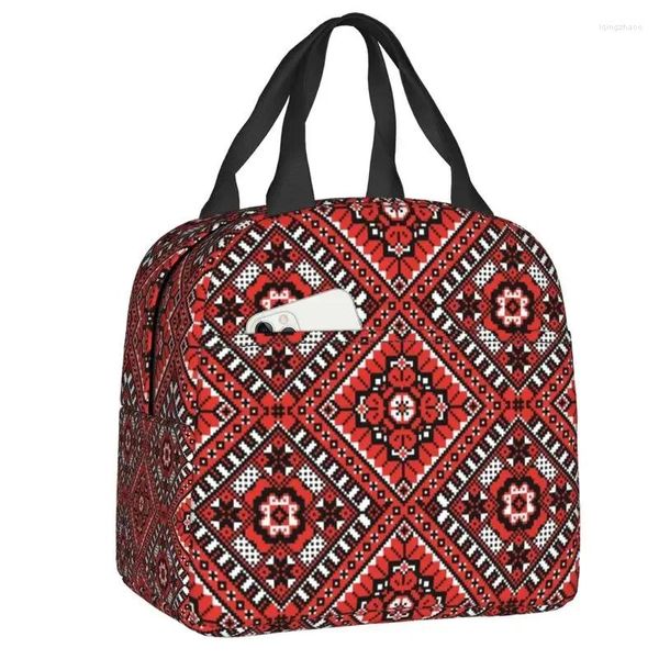 Sacos de armazenamento Ucrânia Ucraniano Bordado Ornamento Isolado Lunch Bag para Camping Boho Portátil Refrigerador Térmico Bento Box Mulheres Crianças