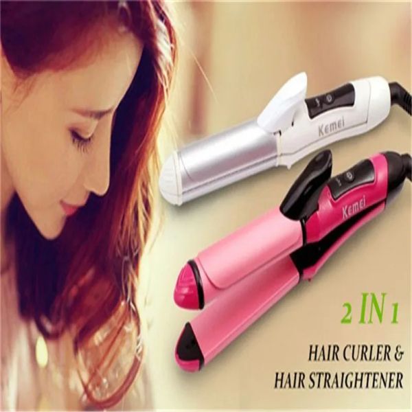 Ferros 2 em 1 Electic Cabelo Curl Ferro Cerâmico Straightener Onda Flat Wand Styling Roller Straighter Hairstyling LCD Curler Tongs Crimp