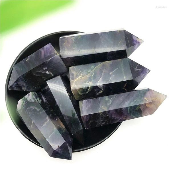 Figurine decorative 1PC Naturale Nero Colorato Fluorite Cristallo di quarzo Pietra Punto Torre Guarigione Bacchetta esagonale Pietre e minerali