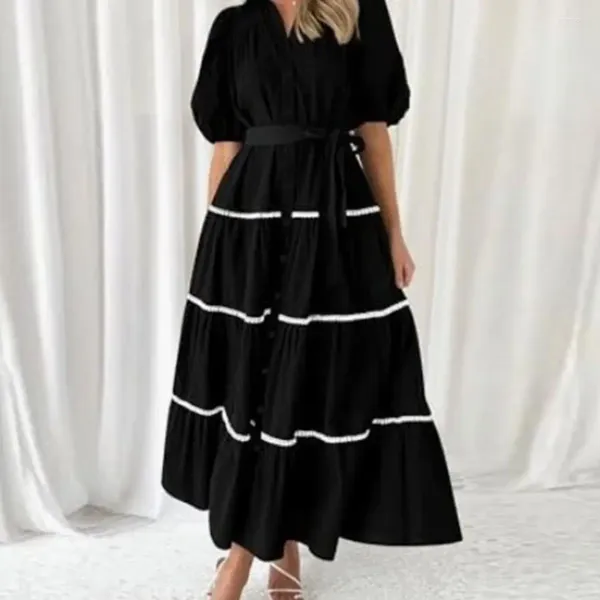 Lässige Kleider Maxikleid mit gebundener Taille Elegante Damen Sommer Puffärmel Gestufte Rüschen Gürtel Fließend Stilvoll für A