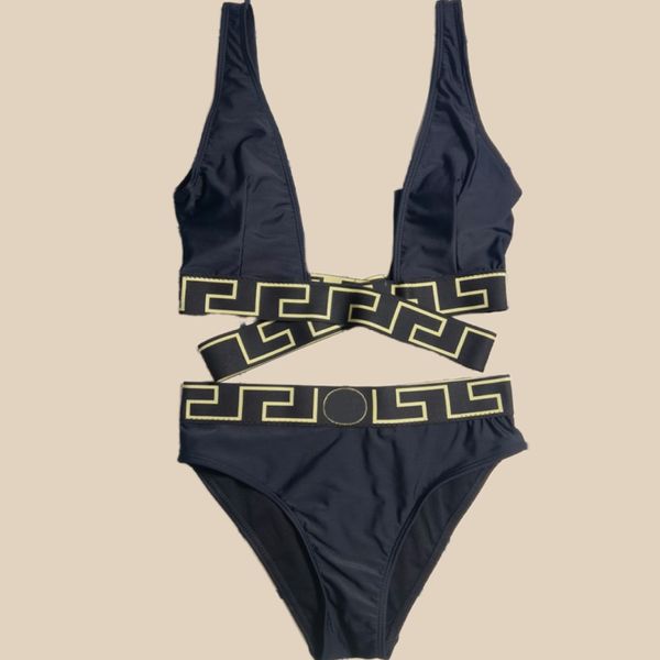 Designer-Badeanzug, Bademode, Luxus-Bikini-Set, Badeanzug für Damen, Goldlinie, schwarz-blauer Bikini, hoch taillierter, niedrig taillierter dreieckiger Badeanzug, Sommer 2023