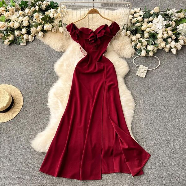 Vestidos Casuais Foamlina Red Prom Dress para Mulheres 2024 Ruffled Borda Sexy Um Ombro Slim Fit Long Slit Evening Party