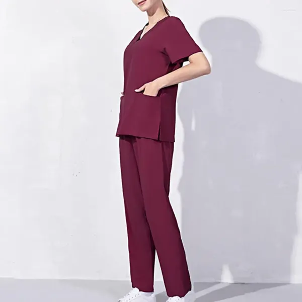 Pantaloni a due pezzi da donna 1 set uniforme da lavoro manica corta scollo a V abito da salone di bellezza resistente all'usura estivo per animali domestici uso quotidiano