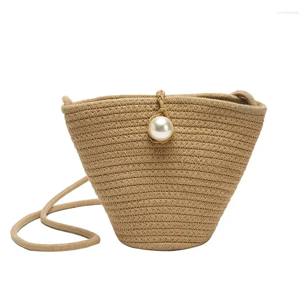 Umhängetaschen 2024 Stil Perle Knödel Brötchen Diagonal Shell Stroh Tasche Baumwolle Gewebt Strand Mini Handy Urlaub