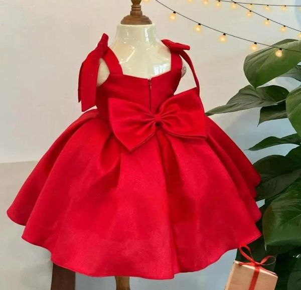 Vestidos de menina flor vermelho fofo vestido de cetim com arco grande na altura do joelho primeira comunhão vestido de aniversário infantil