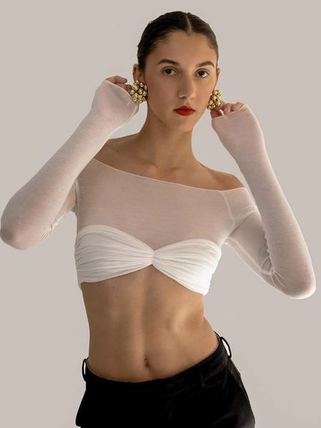Mozision Durchsichtiges Netz-Crop-Top für Damen, trägerlos, kurze Strick-Crop-Tops, Damen-T-Shirt, sexy schulterfreies T-Shirt 240321