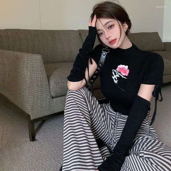 Kadın Tişörtleri T-Shirt Korece Versiyon Çiçek Baskı Kadın Üstleri Yarım Yatak Kadın Giysileri 2024 Yorumlar Birçok