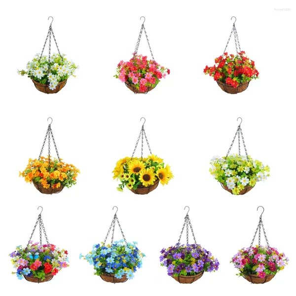 Vaso de flores decorativo elegante com aparência realista para cestas suspensas de jardim decoração de bacia de ferro artificial