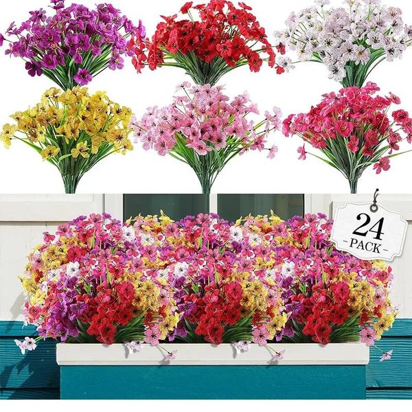 Flores decorativas 24 pacotes artificiais para exterior, sem desbotamento, plástico falso, decoração de plantas falsas, plantadores suspensos