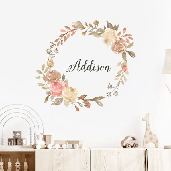 Adesivos nome personalizado floral grinalda rosas folhagem aquarela adesivo de parede vinil berçário decalques de parede removível crianças quarto decoração de casa