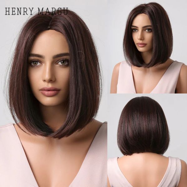 Parrucche HENRY MARGU Bob Lisci Marrone Nero Parrucche sintetiche Parte centrale Parrucche corte per le donne Parrucche di media lunghezza quotidiane Resistenti al calore