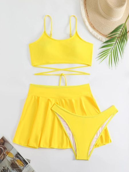 Damenbadebekleidung 3 Stück Hohe Taille Bikini Set 2024 Frauen Solide Gelb Criss Cross Bandage Push Up Badeanzug Strand Badeanzug Rock