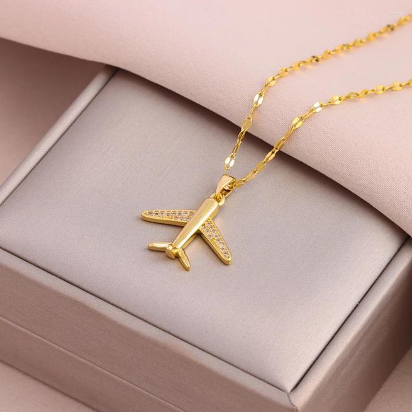 Pingente colares moda 18k banhado a ouro avião para mulheres na moda feminina de aço inoxidável clavícula corrente jóias atacado