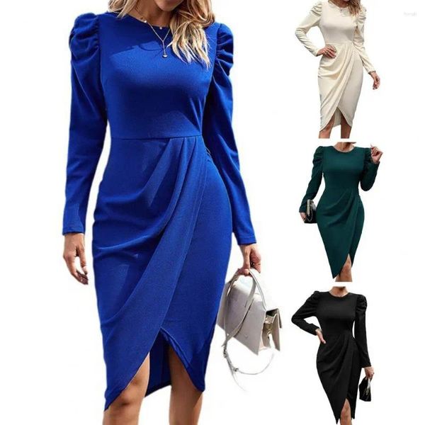 Vestidos casuais estilo retro vestido mulheres elegante joelho-comprimento midi com bainha irregular cintura slim fit para primavera outono plissado