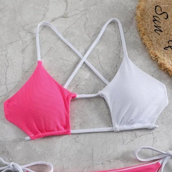 Kadın Mayo Geri Bikini Strappy Seksi Dantel-Up Seti Kadınlar için Yaz Plaj Plaj Giyim Kontrast Renkli Askı Sutyen Hızlı