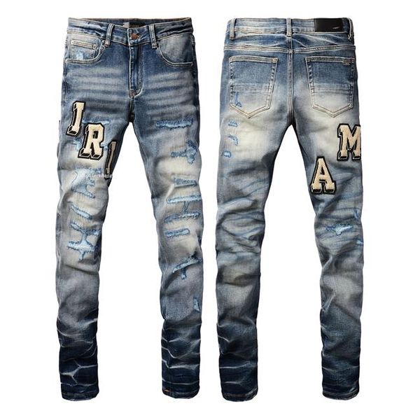Дизайнерские мужские фиолетовые джинсы High Street Hole Patch Mens Mens Women Star Emsroidery Panel растягивающиеся брюки.