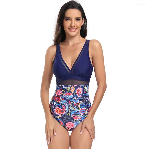 Costume da bagno da donna Costume da bagno floreale con taglio brasiliano Monokini a vita alta a coste testurizzate