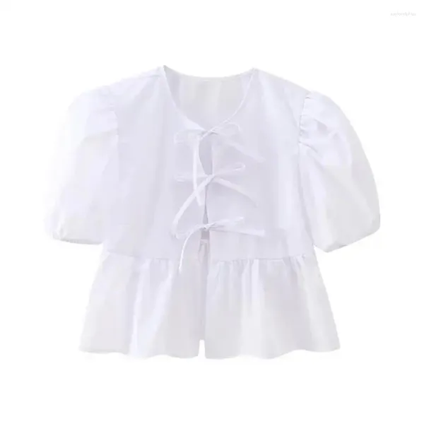 Damenblusen 2024 abgeschnittenes weißes Hemd Damen Frühling Krawattenträger Hemden und Damenbekleidung Vintage Puffärmel-Top für