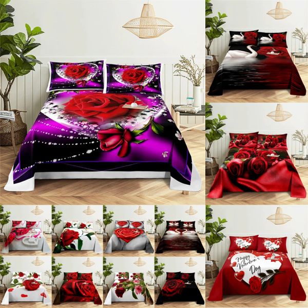 Conjunto de lençóis e fronhas de rosa vermelha para camas de casal, conjunto de lençóis de flor 3d único com fronha, 2 peças, 3 peças, tamanho integral queen