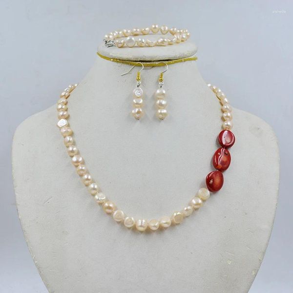 Conjunto de brincos de colar 8mm pérolas barrocas rosa cultivadas naturais coral conjunto de colar/brincos/pulseira.Lazer de verão feminino muito clássico