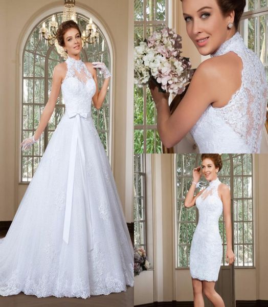 2016 barato elegante uma linha de alta pescoço vestido de casamento destacável saia vestidos de casamento varredura trem praia vestidos de noiva vestido de noiva3945731