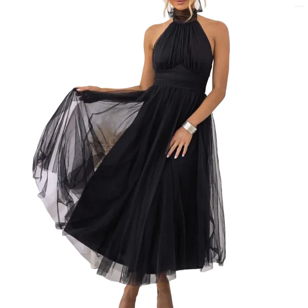 Abiti casual da donna con scollo all'americana in rete dolcevita abito senza schienale lungo regolabile cravatta in tulle a vita alta matrimonio per feste