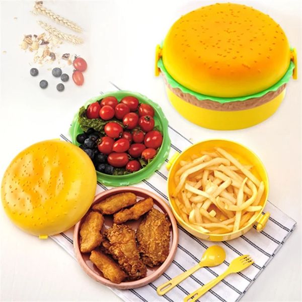 2024 New Hamburger Doppelstufe niedliche Lunchbox Kinder Schulgabelgeschirr Set Lebensmittelmahlzeit Vorbereitungsbehälter für Kinder Lunchbox mit