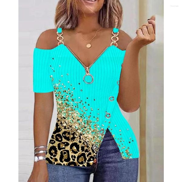 Mulheres camisetas Mulheres Leopard Imprimir Frio Ombro Cadeia Strap Tops Zipper Frente V-Pescoço Verão Blusa Femme Manga Curta Hem Split T-shirts