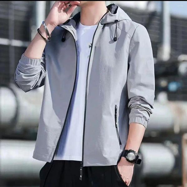 Jaquetas masculinas homens jaqueta com capuz zip up zíper bolso solto cor sólida manga longa cardigan à prova de vento plus size casaco de comprimento médio