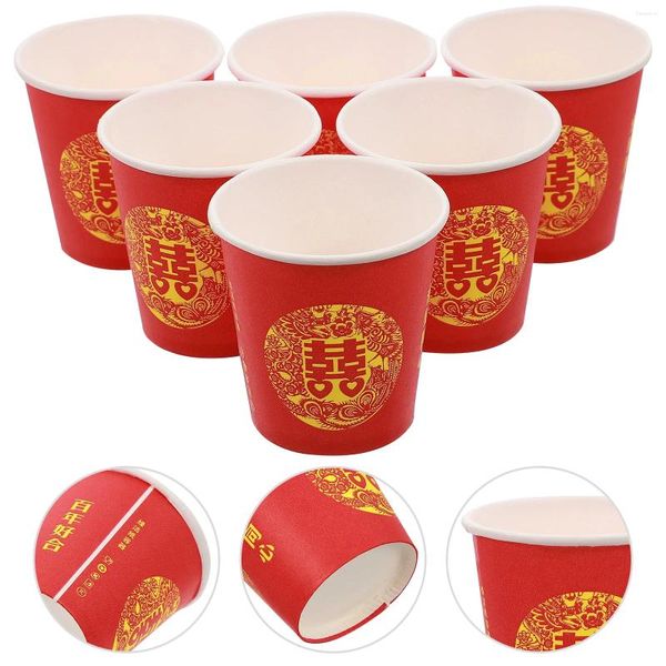 Copas descartáveis palhas 100 pcs vermelho dupla felicidade papel de vidro de festa copo de café caneca de casamento de chá de chá de charra
