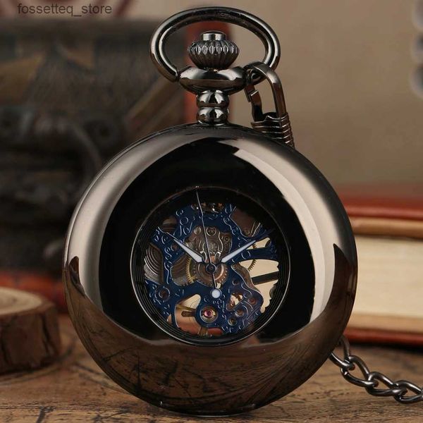 Relógios de bolso retro preto masculino bolso mão-enrolamento pingente mecânico fob es meio caçador design luxo vintage relógio presente masculino l240322