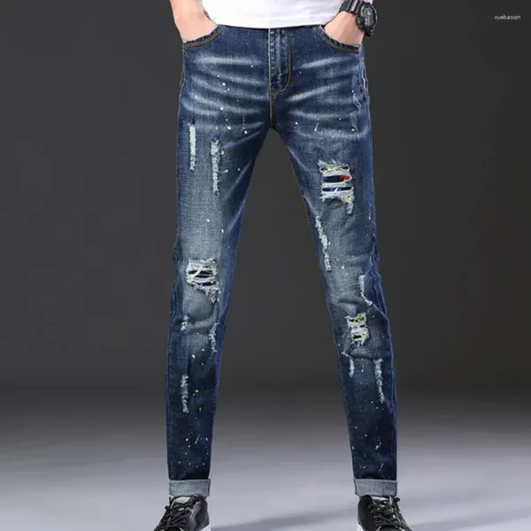 Herrenjeans Four Season Man's Denim Blue Color Hole Hip Hop Teenage Boy Long Pants High Street Slim Design Patch Hose