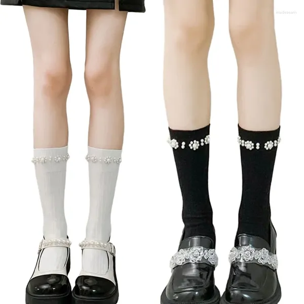 Женские носки до колена, хлопковые чулки с жемчугом теленка JK для студентов, чулки для девочек