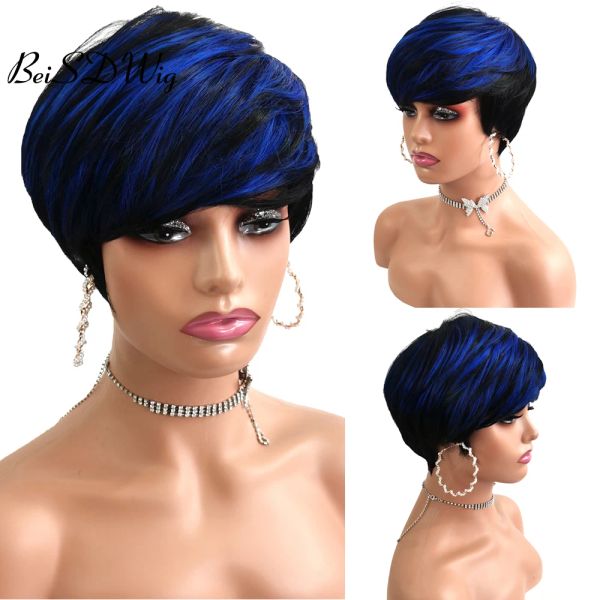 Perucas BeiSDWig Syntheic Highlight Wig Perucas curtas naturais para mulheres negras Destaque cabelo azul com franja