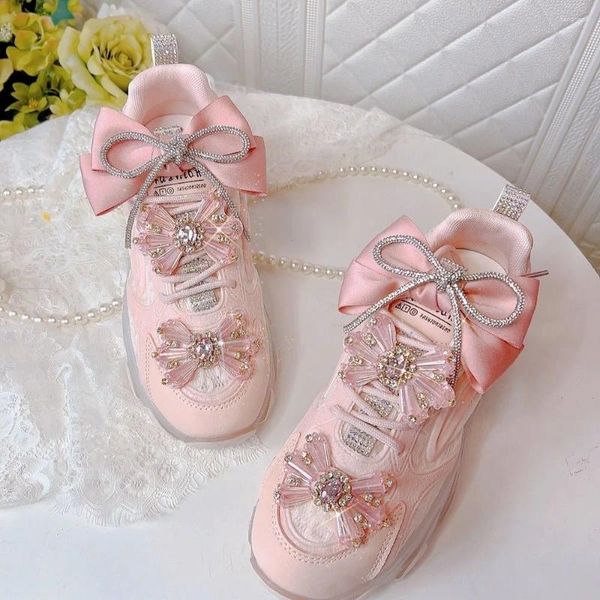 Повседневная обувь, корейский стиль, милый розовый бант, женские кроссовки на платформе, массивные кроссовки со стразами, женские спортивные теннисные кроссовки для папы