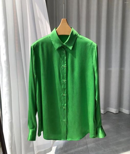 Blusas femininas 2024 primavera verão chique de alta qualidade vintage elegante camisa de seda verde b707