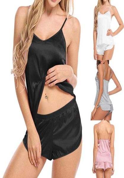 2020 frauen Sexy Trägerlosen Body Simulation Seide Dünne Pyjamas Set Vneck Leibchen Ärmellose Shorts Schlafen Tragen Backless6320622