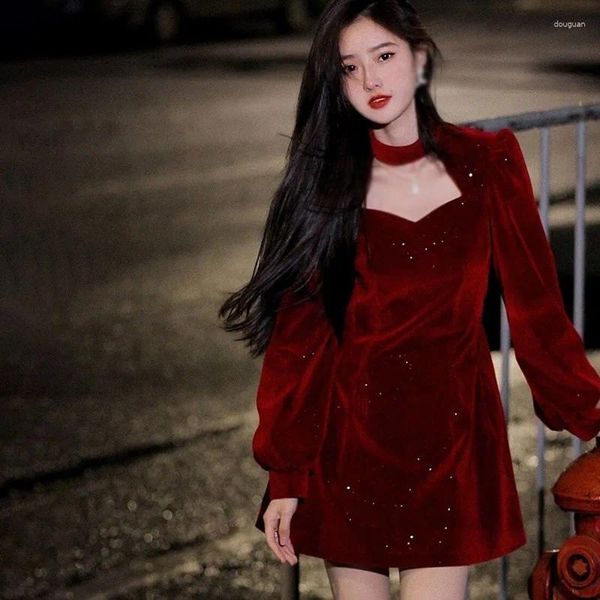 Vestidos casuais vestido vintage mulheres lantejoulas manga longa wram vermelho veludo elegante festa mini senhoras coreano a linha 2024 ano
