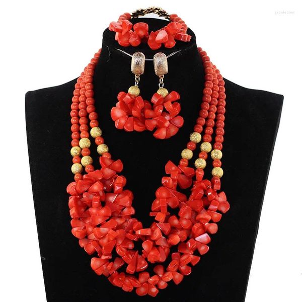 Halskette Ohrringe Set natürliche erstaunliche afrikanische Korallen Perlen Hochzeit Schmuck Bib Anhänger Braut ABH580