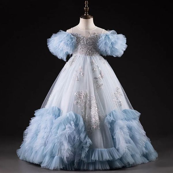 Jill Luxus Blau Dubai Blumenmädchenkleid Perlen Arabisch Prinzessin Kinder Hochzeit Geburtstag Party Langes Ballkleid 2024 J387 240312