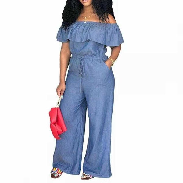 Sommer-Overall in Übergröße, heißer Stil, Rüschenkante, einzeiliger Ausschnitt, kurzärmeliger, lockerer Jeans-Overall mit weitem Bein für Damen