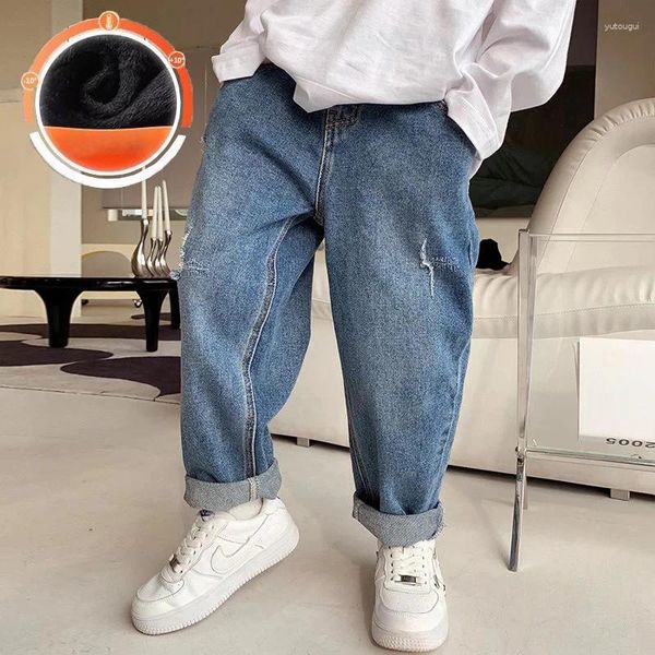 Pantaloni da uomo Abbigliamento per bambini Ragazzi grandi Autunno e inverno Jeans morbidi Peluche Fresco bello