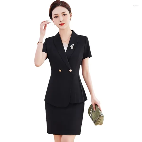 Платье из двух частей, летний женский черный пиджак, женские деловые костюмы, комплекты с юбкой и курткой, рабочая одежда, офисная униформа, стиль с коротким рукавом