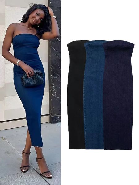 TRAF с открытыми плечами джинсовое платье женский синий корсет длинные платья миди облегающие платья для женщин 2023 элегантная вечеринка 240323
