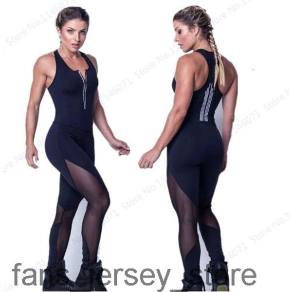 Tuta sexy in rete nera patchwork aderente Tute da palestra fitness Leggings scollo a V profondo con cerniera Tuta elasticizzata da donna