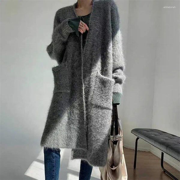 Damen Strick Koreanische 2024 V-Ausschnitt Pullover Strickjacke Herbst Winter Nerz Kaschmir Lose Mittel Lang Stil Dicker Übergroßer Mantel Für Frauen C771