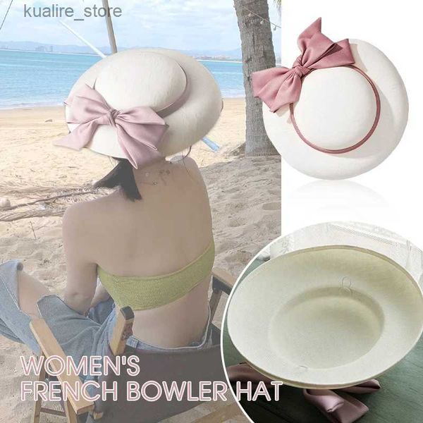 Largo Brim Chapéus Bucket Chapéus Estilo Francês Branco Top Chapéu Rosa Bownot Cetim Banquete Elegante Chapéu Britânico Vestido De Festa Noiva Chapéu De Casamento Férias Sun Cap Mulheres L240322