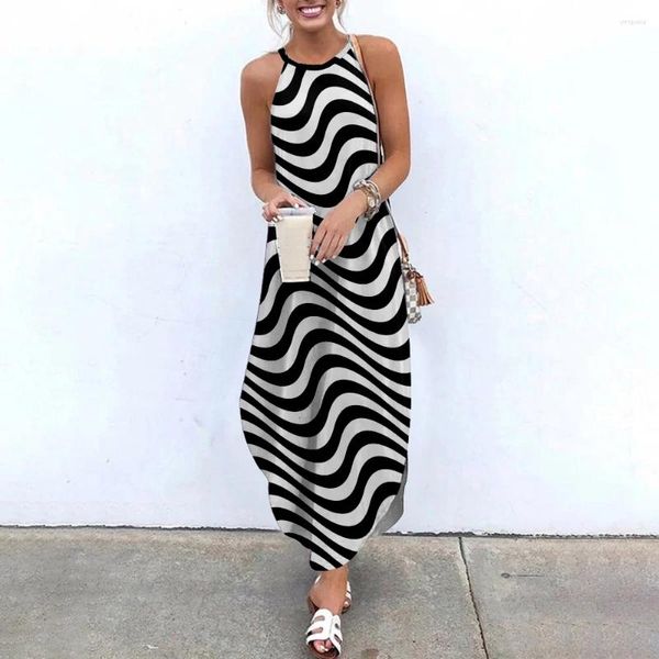 Abiti casual SOJINM 2024 Maxi per le donne Stripe stampato senza maniche causale Summer Beach Dress Sling Long Streetwear 6XL